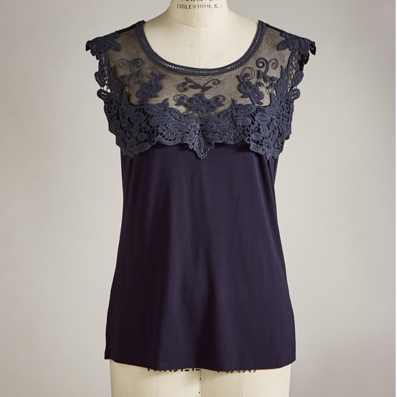 NEW Sundance Navy Elegance Lace Tee size L - Picture 3 of 8
